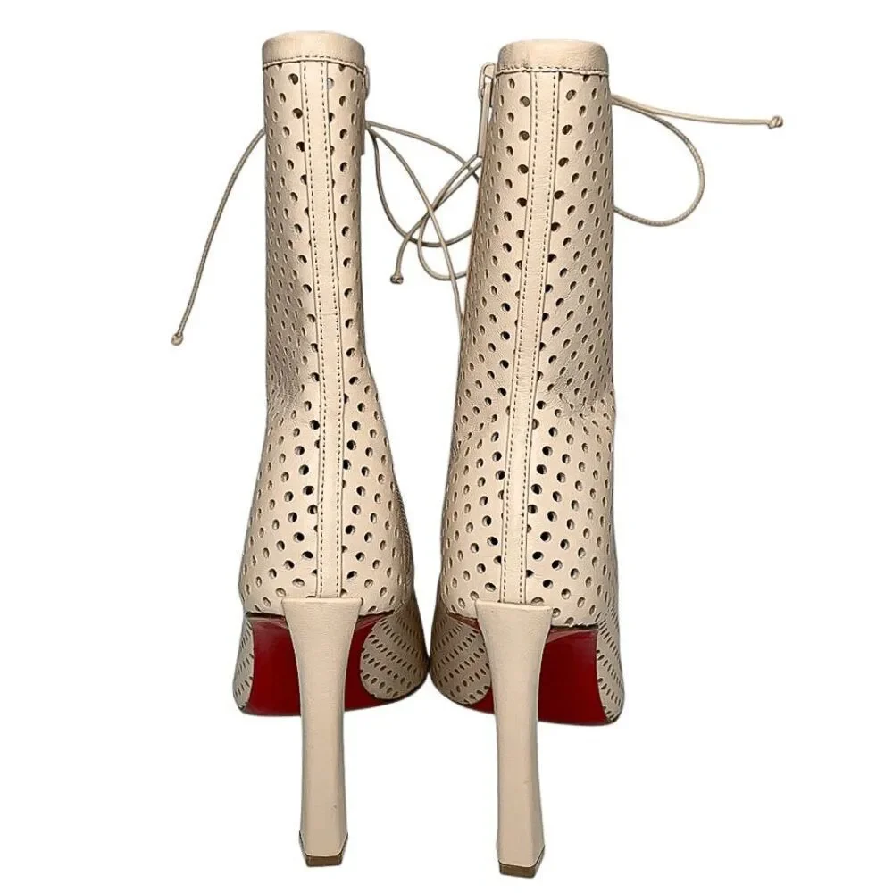 Christian Louboutin Open Condora Booty 100 Leche Leather Lace-Up Heel Boots 36.5